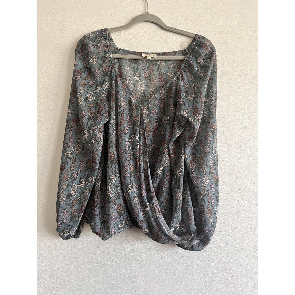 Umgee Blouse Womens Medium Blue Floral Boat Neck 3/4 Sleeve Boho Peasant Top